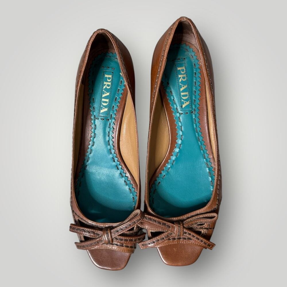 Prada Brown Leather Bow Peep Toe Pumps Heels Size 37.5 Made in Italy - Picture 5 of 14